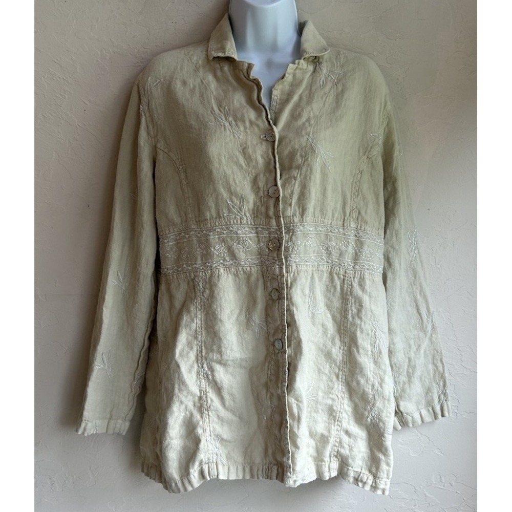 Cotton USA 100% Linen Embroidered Jacket Top M Lagenlook Coastal Minimalist Boho